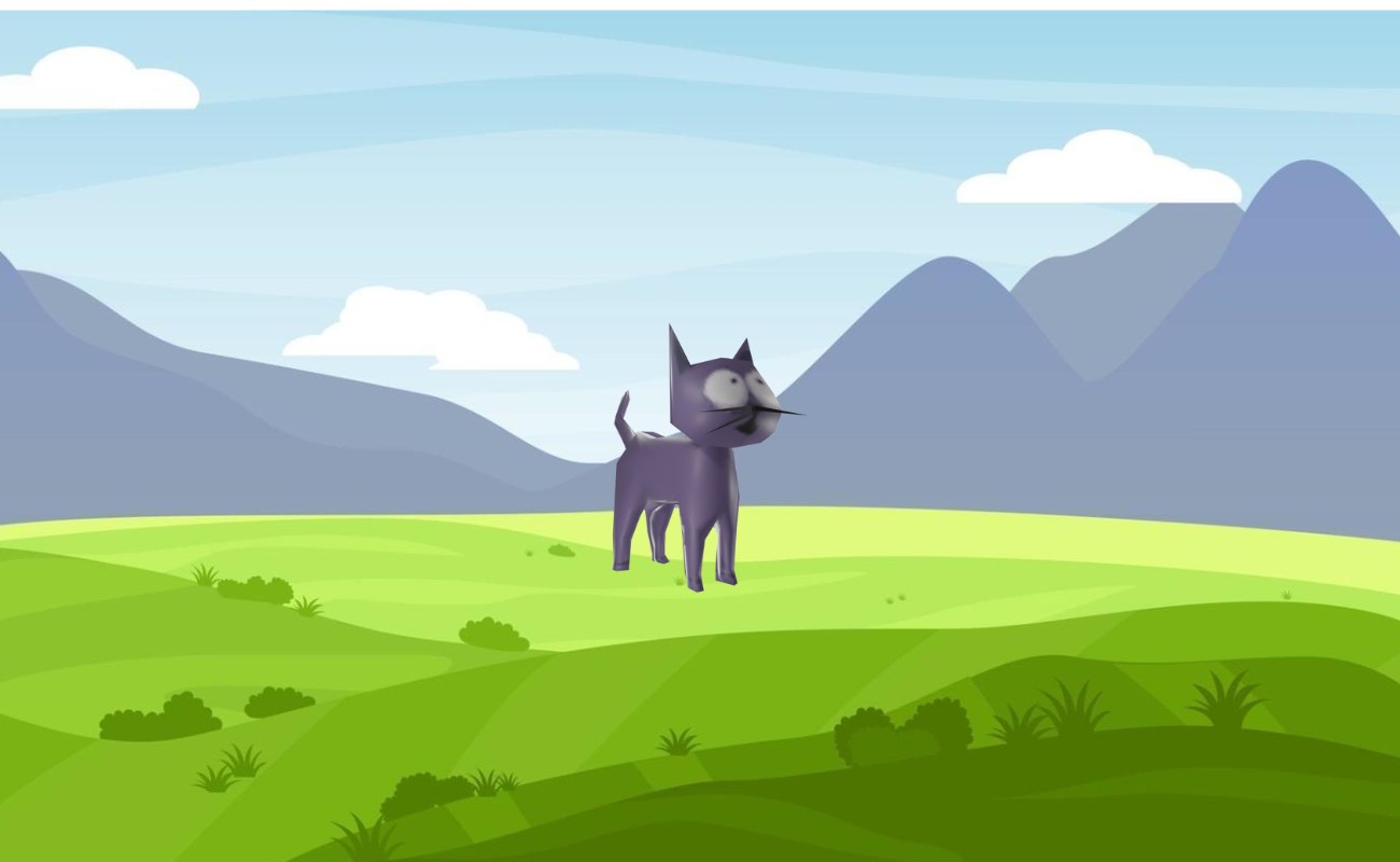 Mr Ketty standing in a cartoon mountain landscape