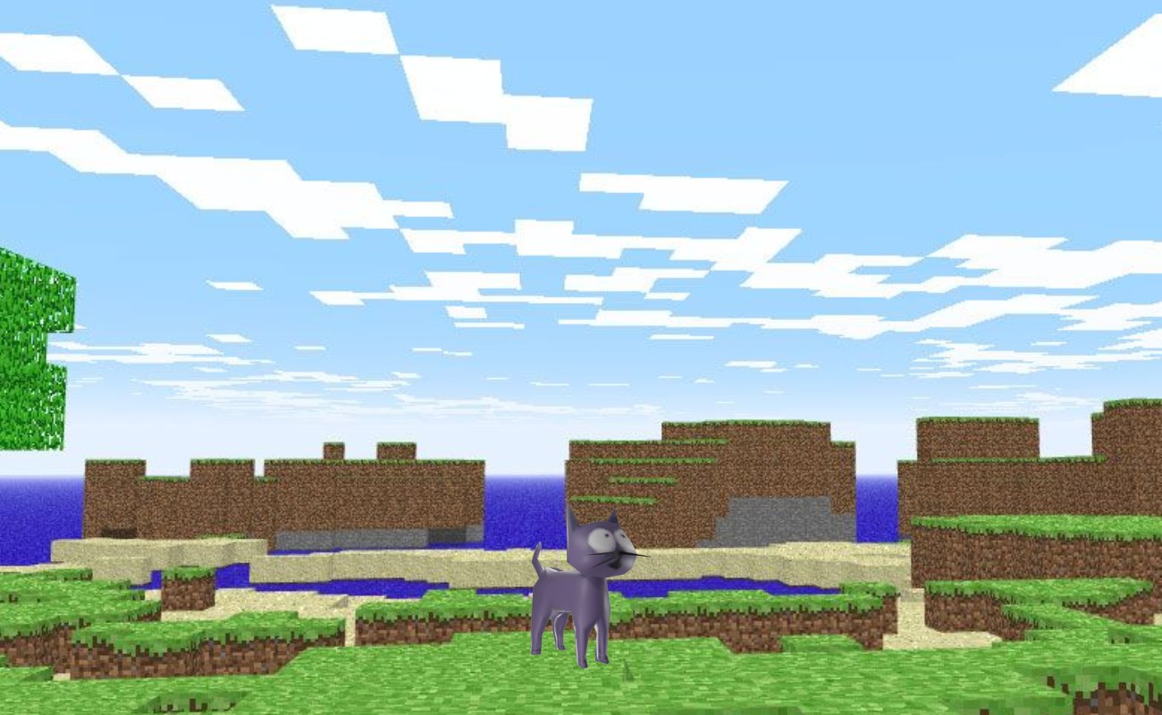 Mr Ketty standing in a blocky voxel landscape