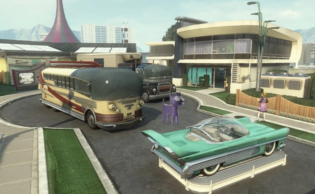 Mr Ketty standing in a retro-futuristic town with vintage buses and cars